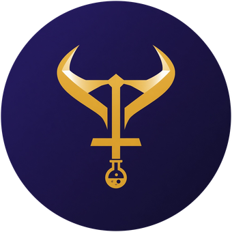 Taurus Labs logo: gold bull horns above a sword and a flask, on a navy circle